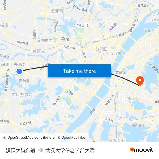 汉阳大街幺铺 to 武汉大学信息学部大活 map