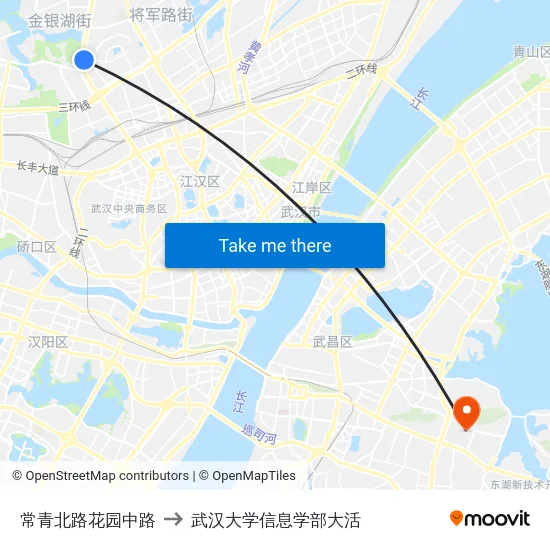 常青北路花园中路 to 武汉大学信息学部大活 map