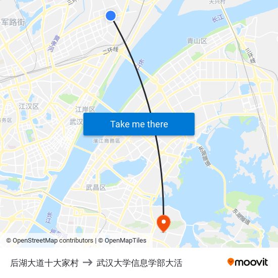 后湖大道十大家村 to 武汉大学信息学部大活 map