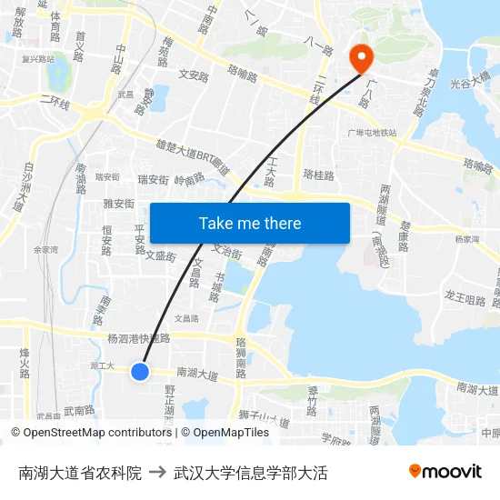 南湖大道省农科院 to 武汉大学信息学部大活 map
