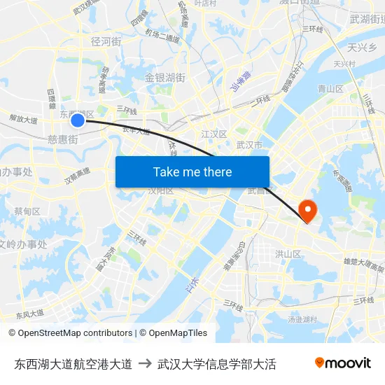 东西湖大道航空港大道 to 武汉大学信息学部大活 map