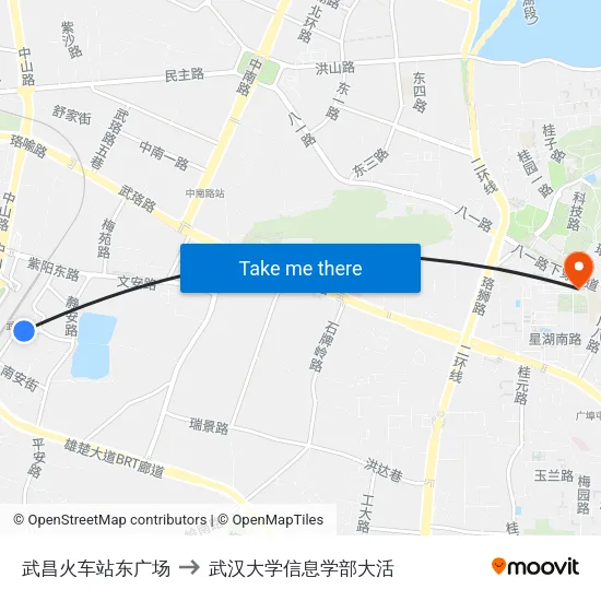 武昌火车站东广场 to 武汉大学信息学部大活 map
