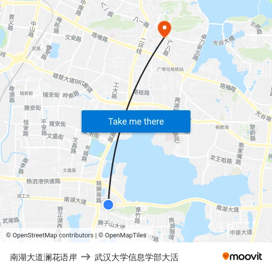 南湖大道澜花语岸 to 武汉大学信息学部大活 map
