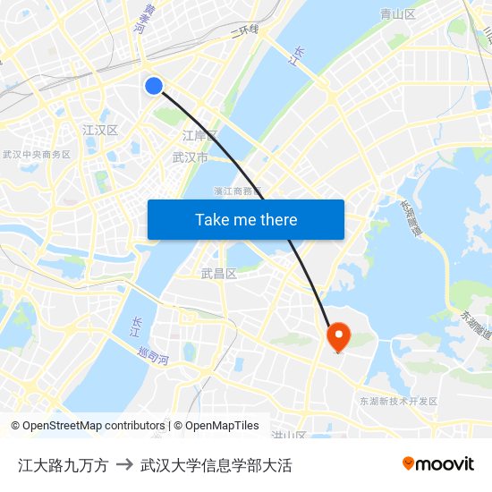 江大路九万方 to 武汉大学信息学部大活 map