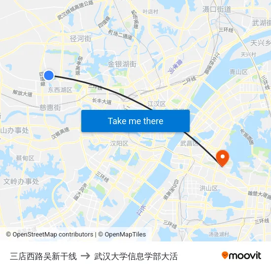 三店西路吴新干线 to 武汉大学信息学部大活 map