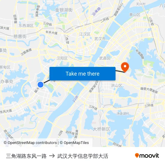 三角湖路东风一路 to 武汉大学信息学部大活 map