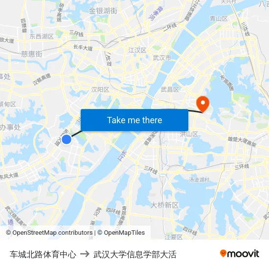 车城北路体育中心 to 武汉大学信息学部大活 map