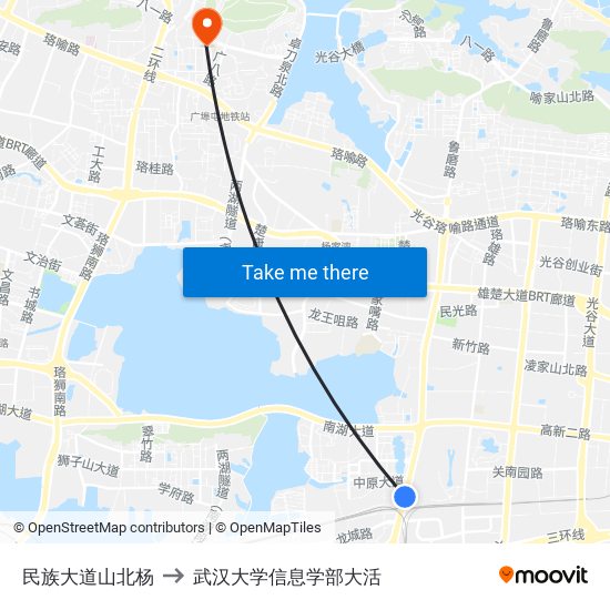 民族大道山北杨 to 武汉大学信息学部大活 map