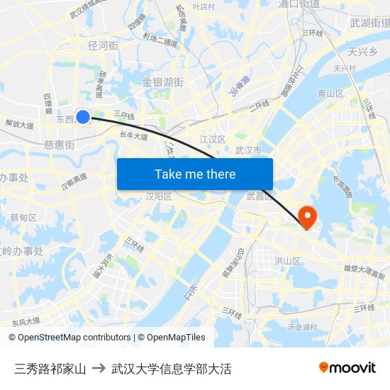 三秀路祁家山 to 武汉大学信息学部大活 map