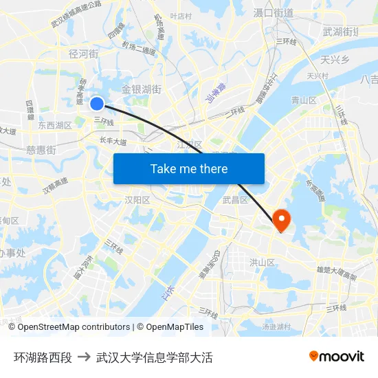 环湖路西段 to 武汉大学信息学部大活 map