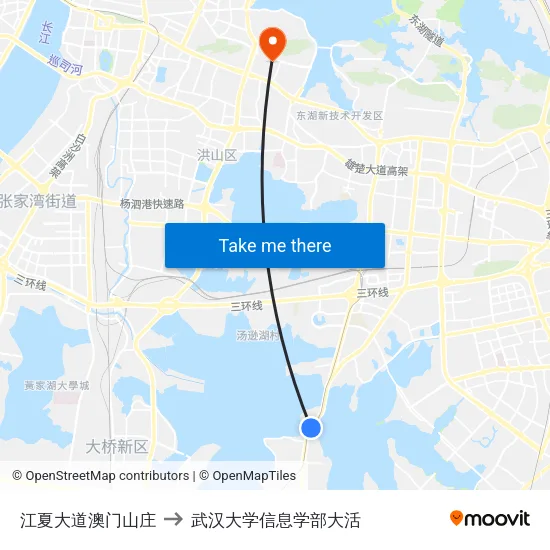江夏大道澳门山庄 to 武汉大学信息学部大活 map