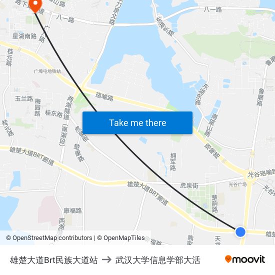 雄楚大道Brt民族大道站 to 武汉大学信息学部大活 map