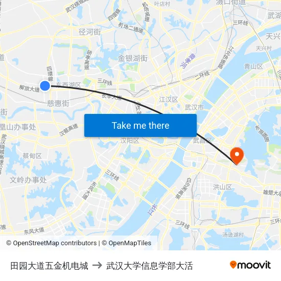 田园大道五金机电城 to 武汉大学信息学部大活 map
