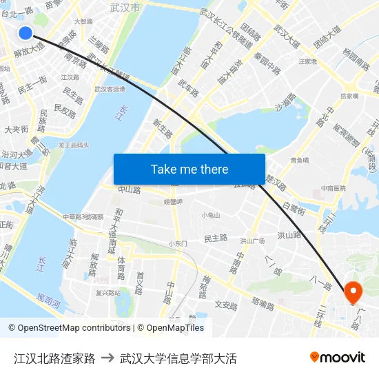 江汉北路渣家路 to 武汉大学信息学部大活 map