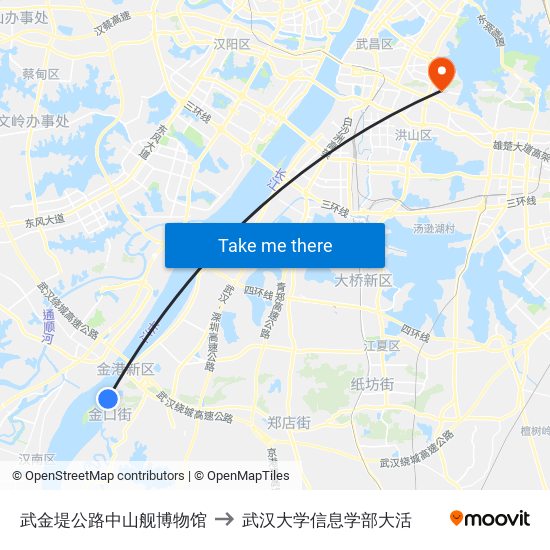 武金堤公路中山舰博物馆 to 武汉大学信息学部大活 map