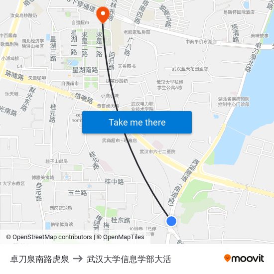 卓刀泉南路虎泉 to 武汉大学信息学部大活 map