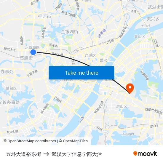 五环大道裕东街 to 武汉大学信息学部大活 map