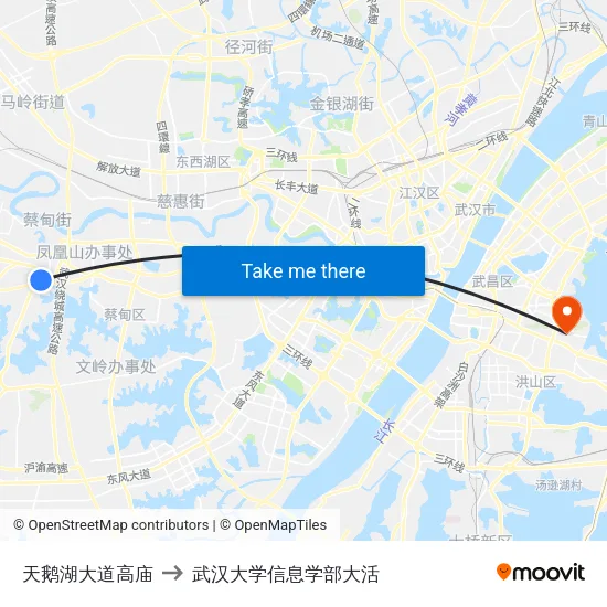 天鹅湖大道高庙 to 武汉大学信息学部大活 map