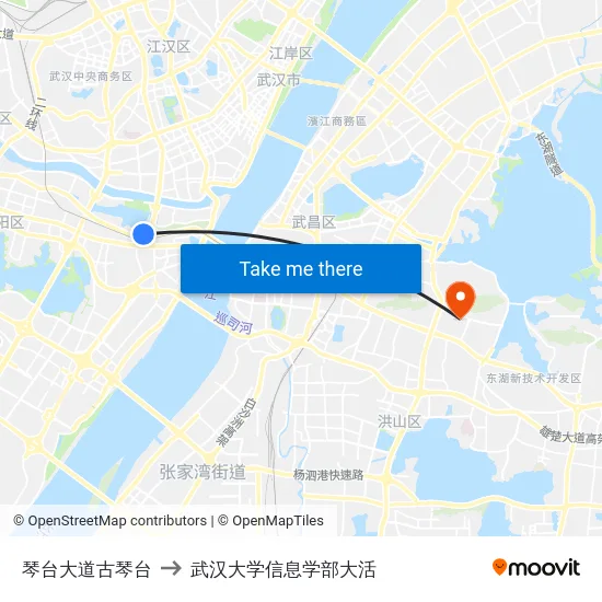 琴台大道古琴台 to 武汉大学信息学部大活 map