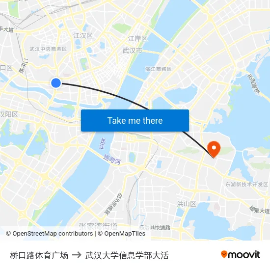 桥口路体育广场 to 武汉大学信息学部大活 map