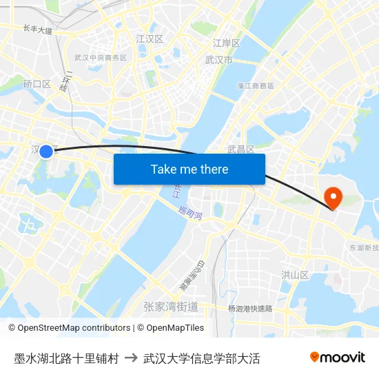 墨水湖北路十里铺村 to 武汉大学信息学部大活 map