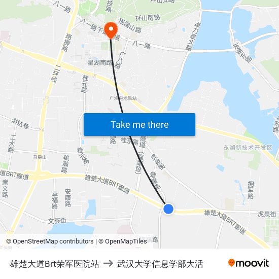 雄楚大道Brt荣军医院站 to 武汉大学信息学部大活 map