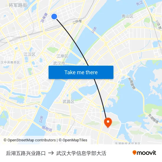 后湖五路兴业路口 to 武汉大学信息学部大活 map