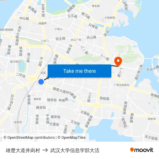 雄楚大道井岗村 to 武汉大学信息学部大活 map