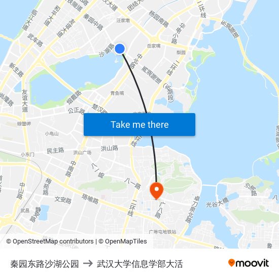 秦园东路沙湖公园 to 武汉大学信息学部大活 map