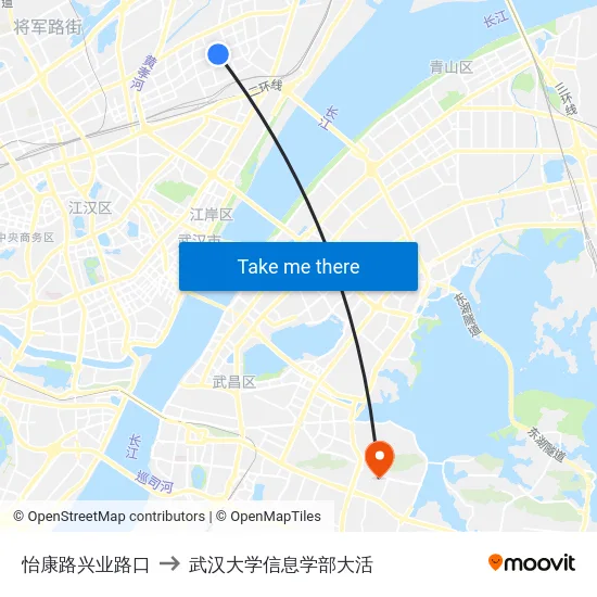 怡康路兴业路口 to 武汉大学信息学部大活 map