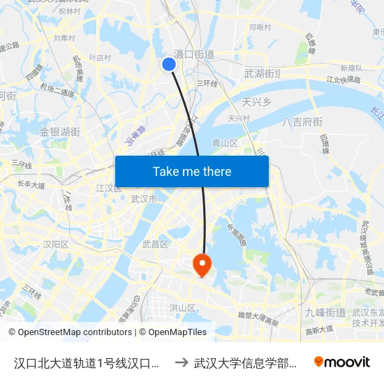 汉口北大道轨道1号线汉口北站 to 武汉大学信息学部大活 map