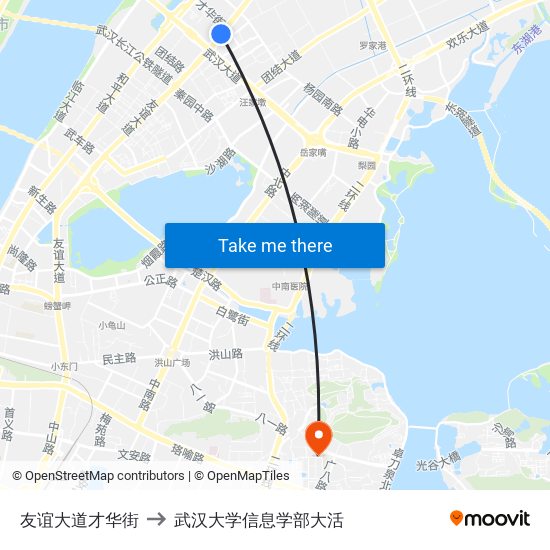 友谊大道才华街 to 武汉大学信息学部大活 map