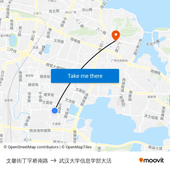 文馨街丁字桥南路 to 武汉大学信息学部大活 map