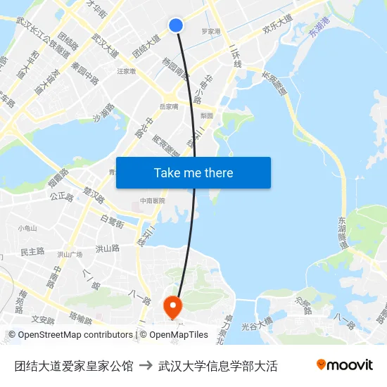 团结大道爱家皇家公馆 to 武汉大学信息学部大活 map