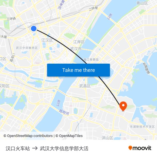 汉口火车站 to 武汉大学信息学部大活 map