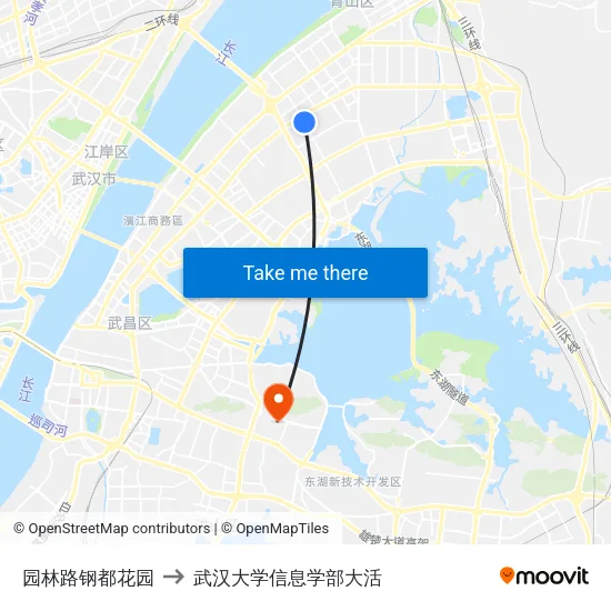 园林路钢都花园 to 武汉大学信息学部大活 map