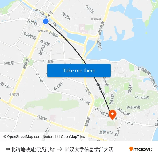 中北路地铁楚河汉街站 to 武汉大学信息学部大活 map