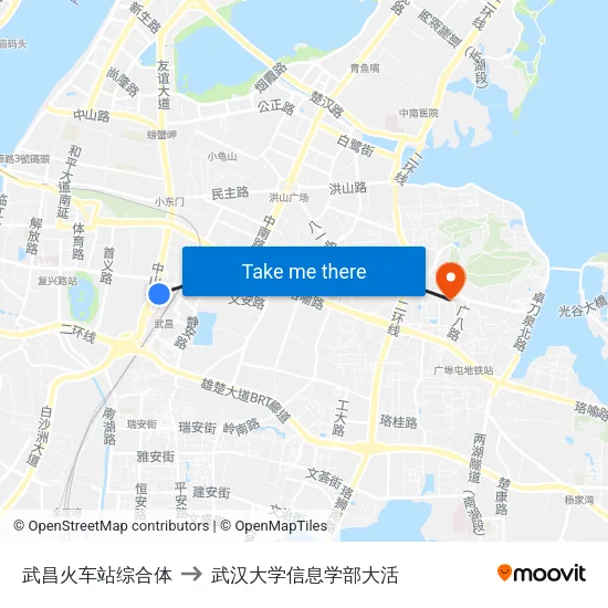 武昌火车站综合体 to 武汉大学信息学部大活 map