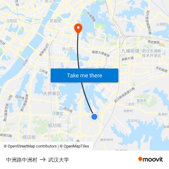 中洲路中洲村 to 武汉大学 map