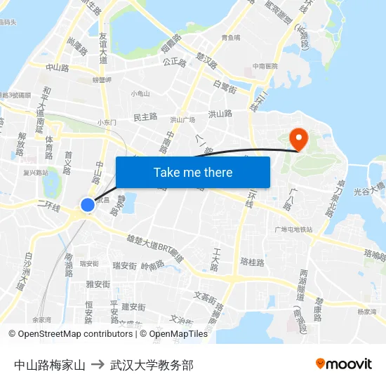 中山路梅家山 to 武汉大学教务部 map