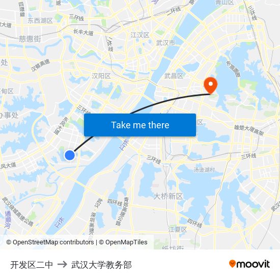开发区二中 to 武汉大学教务部 map