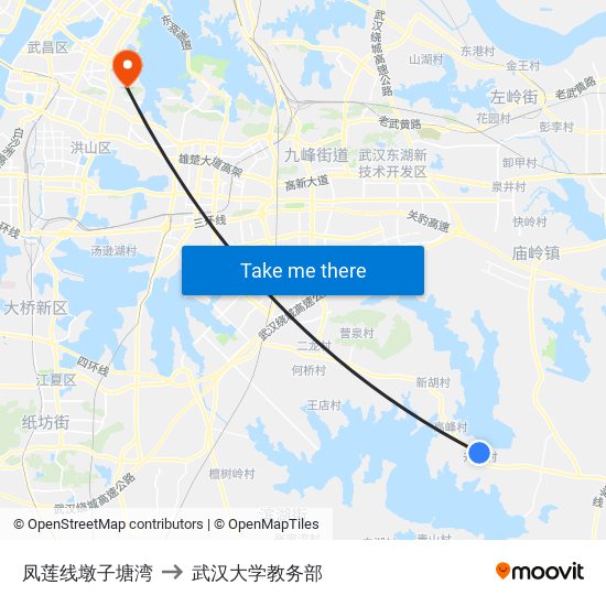 凤莲线墩子塘湾 to 武汉大学教务部 map