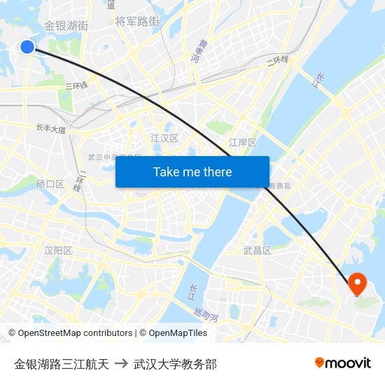 金银湖路三江航天 to 武汉大学教务部 map