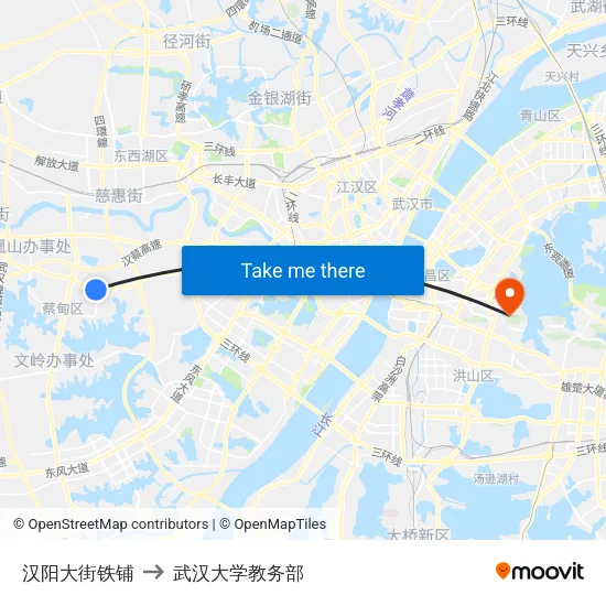 汉阳大街铁铺 to 武汉大学教务部 map