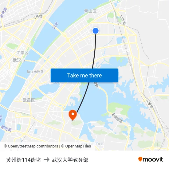 黄州街114街坊 to 武汉大学教务部 map