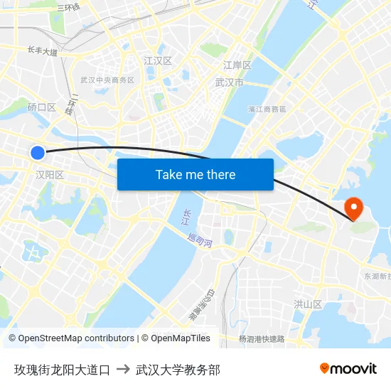 玫瑰街龙阳大道口 to 武汉大学教务部 map