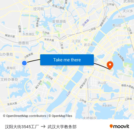 汉阳大街3545工厂 to 武汉大学教务部 map