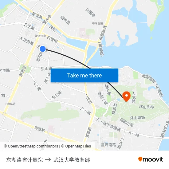 东湖路省计量院 to 武汉大学教务部 map