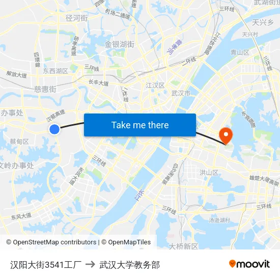 汉阳大街3541工厂 to 武汉大学教务部 map