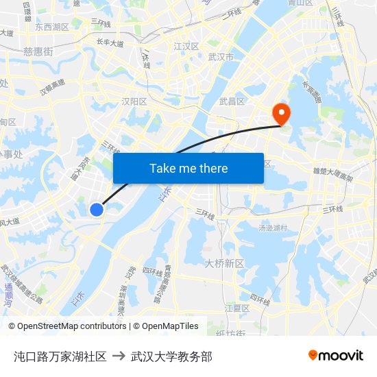 沌口路万家湖社区 to 武汉大学教务部 map